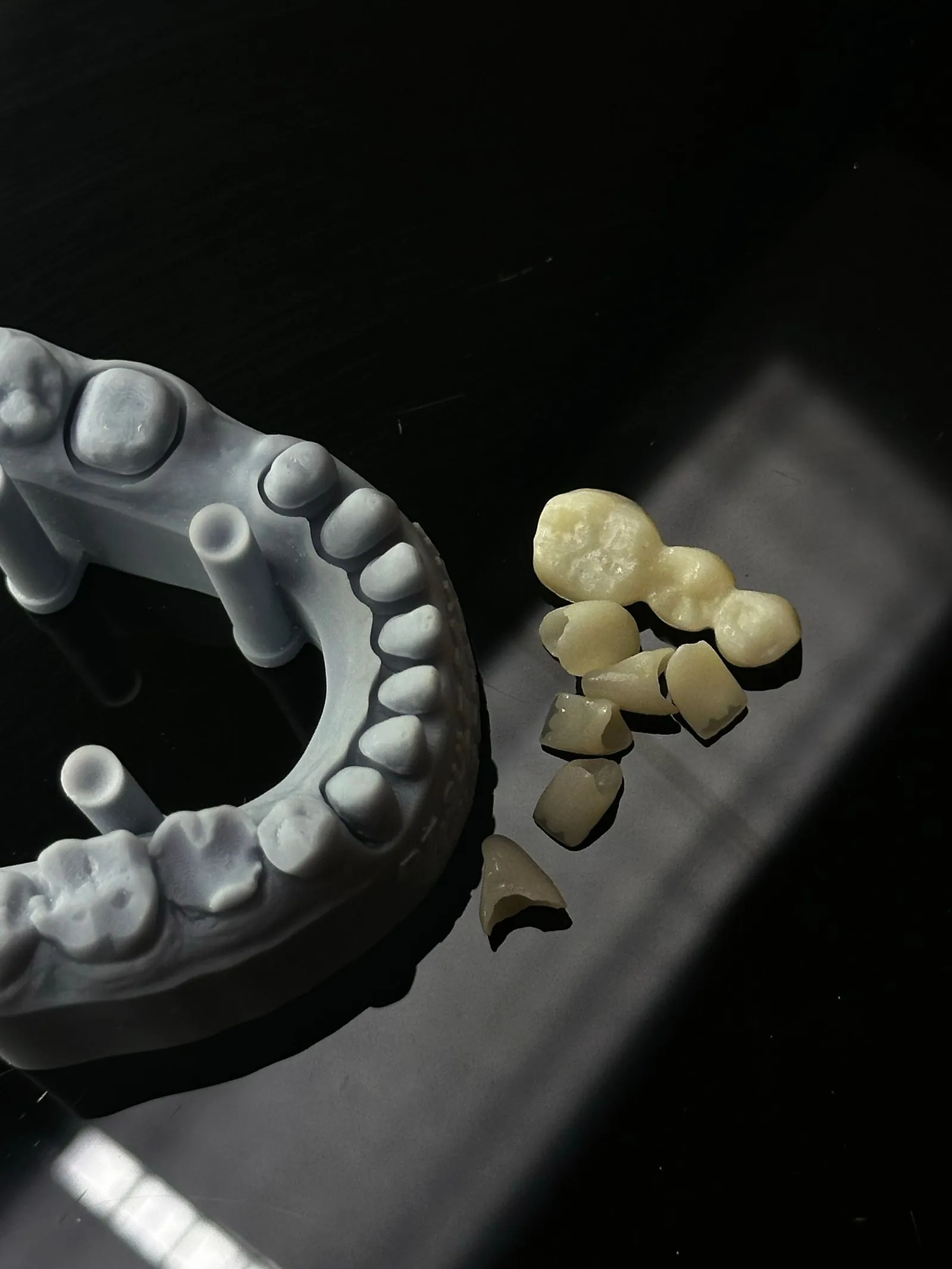 Ceramic crown units beside the model they were made on.